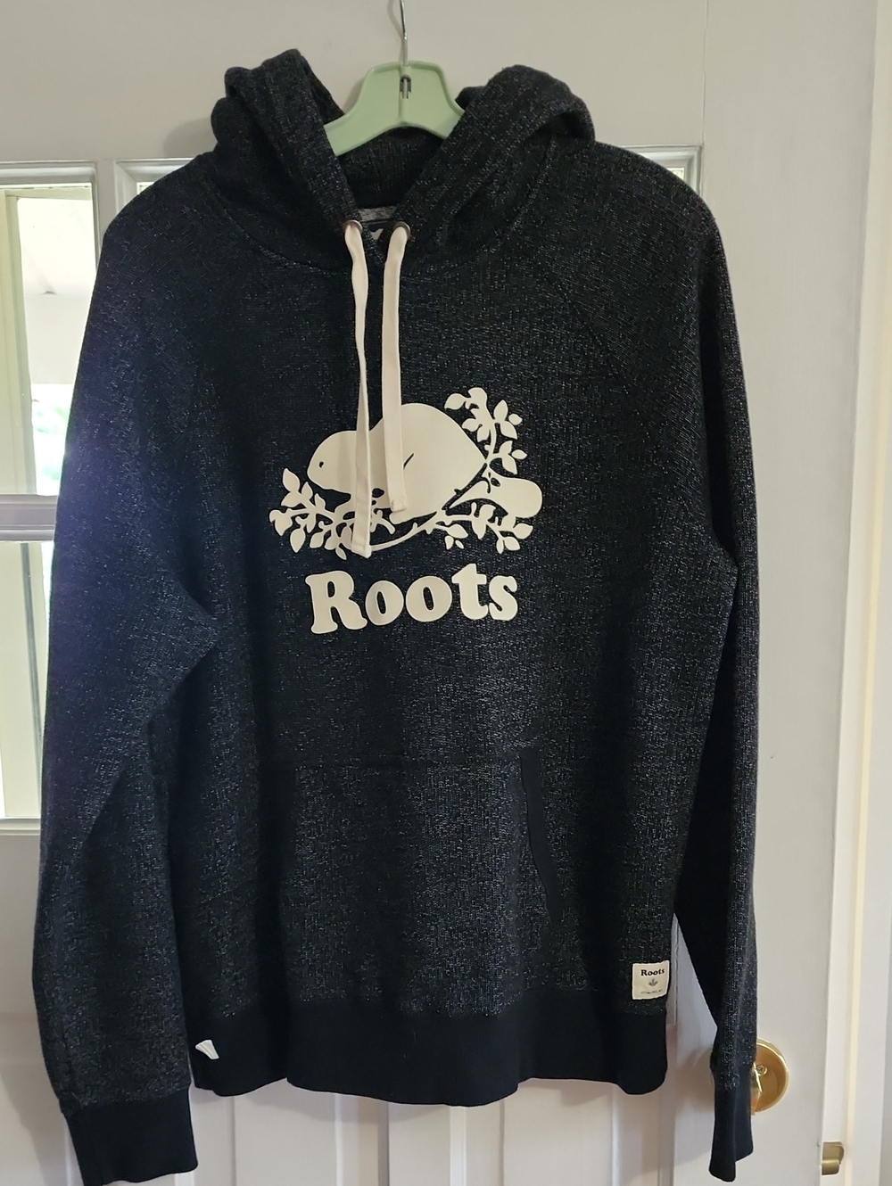 Roots Womens Black Heather Pullover Hoodie with White Logo Worn Once
